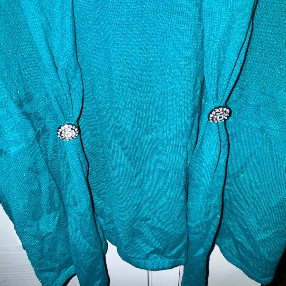 Sag Harbor Women's L Aquamar Teal Metallic Cardigan Top Rhinestone Accent NWT - Picture 7 of 16